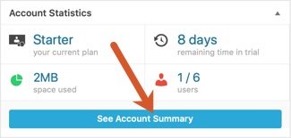 In WPHubSite WordPress website admin dashboard click the See Account Summary button.