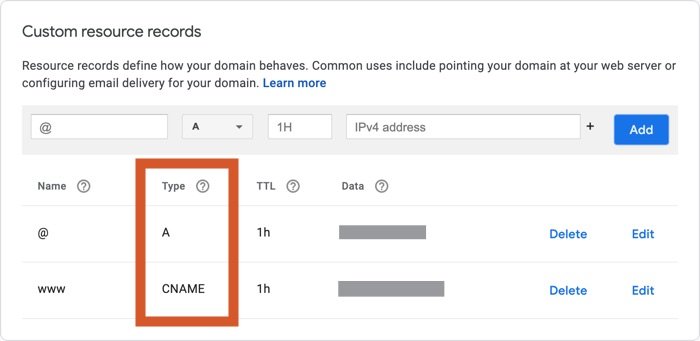 Edit the Google Domains custom resource records A record for the domain and the CNAME record for the www version of your domain.