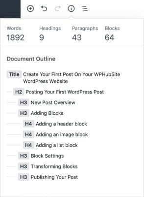 WPHubSite WordPress document outline showing all headings and the hierarchy.