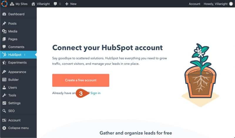 WordPress HubSpot connection screen, click sign in or create a new HubSpot account.