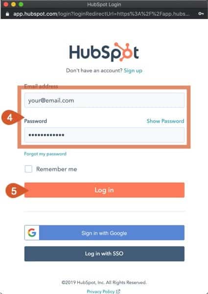 HubSpot popup with screen to sign into your HubSpot account.
