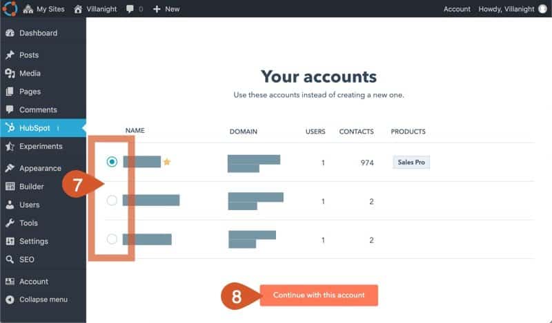 Choose HubSpot account if you have multiple accounts and click the continue with this account button.
