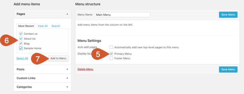 Add pages to the menu and set menu display location.