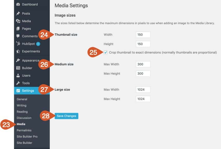 WPHubSite WordPress admin dashboard Media Settings.