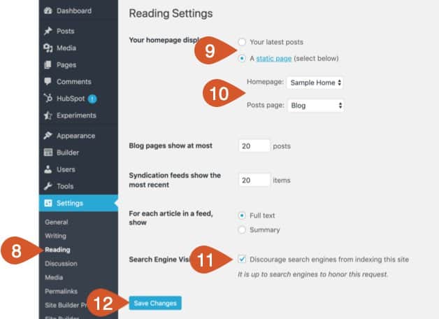 WPHubSite WordPress admin dashboard Reading Settings.