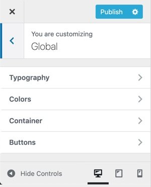 WPHubSite WordPress Theme Customizer global settings.