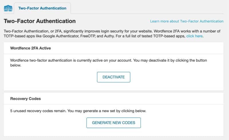 Two-Factor Authentication shown enabled with the option to deactivate it or generate new recovery codes.