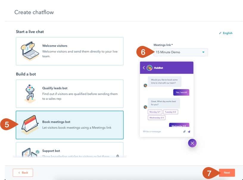 Choose to create a chatflow based on the book a meeting bot template.