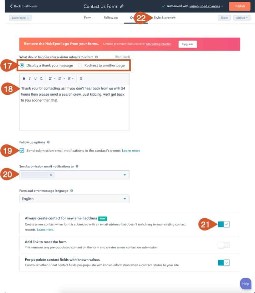 Customize the options for your HubSpot Form.
