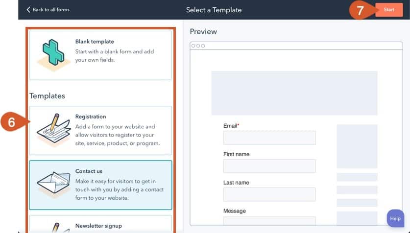 HubSpot Form template selection, choose a template or choose a blank template then click the Start button