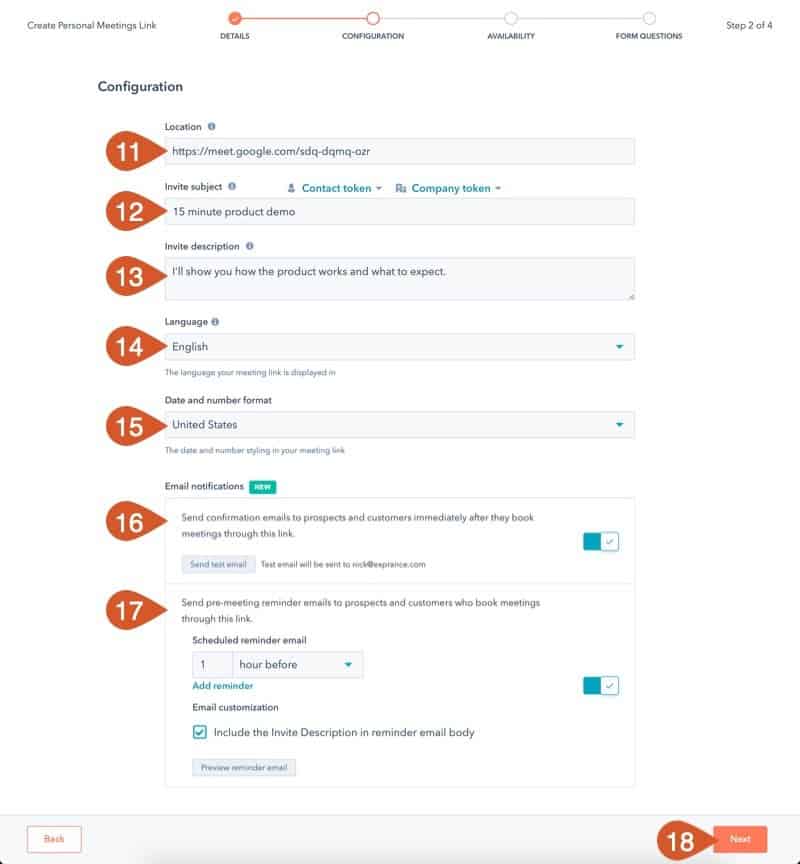 Complete the HubSpot Meeting configuration.