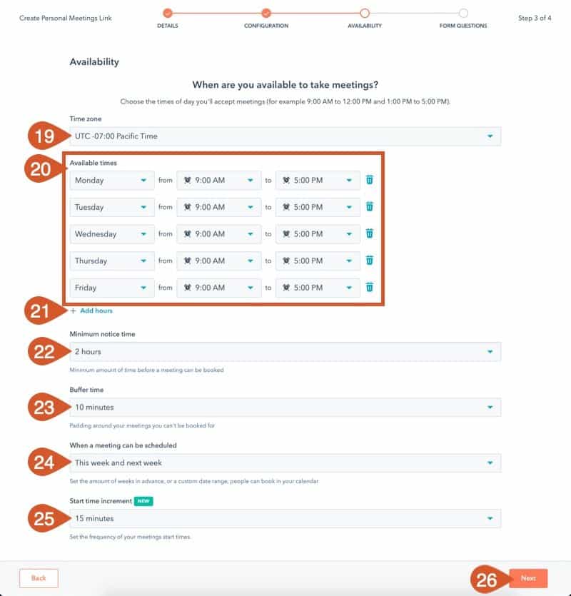 Complete the HubSpot Meeting availability settings.