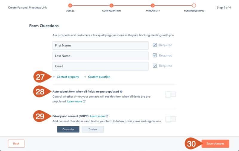 Add any custom questions and set the options for the HubSpot Meeting.