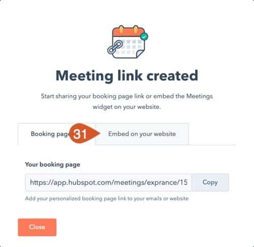 Open the embed tab once the HubSpot Meeting is published.