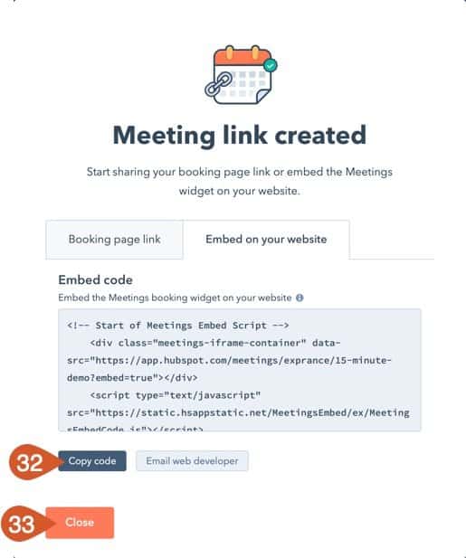 Copy the HubSpot Meeting embed code and close the popup.