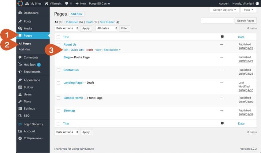 How to access the edit link for pages, posts, categories, and tags from the WPHubSite admin dashboard.
