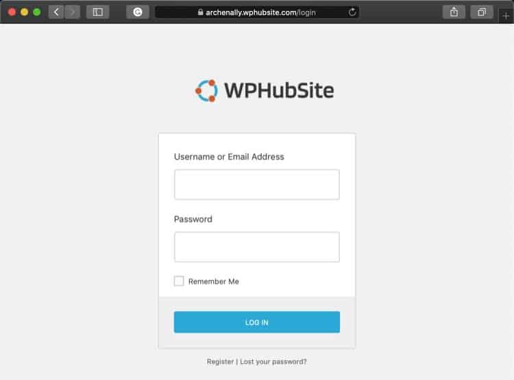 WPHubSite login screen.