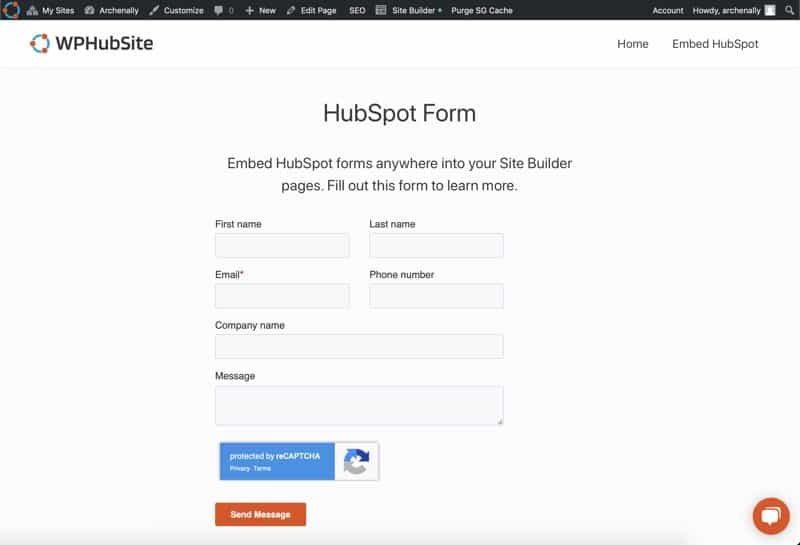 The HubSpot Form in WPHubSite Site Builder aligned center.