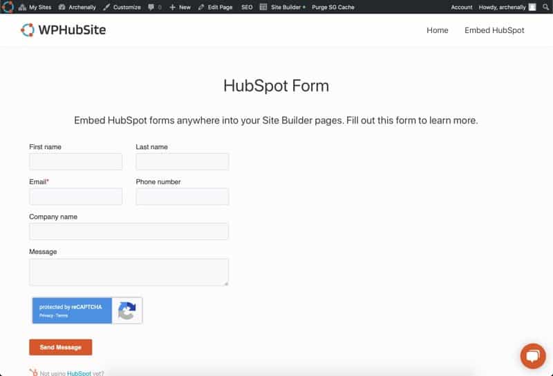 Hubspot Form embedded in WPHubSite Site Builder page.