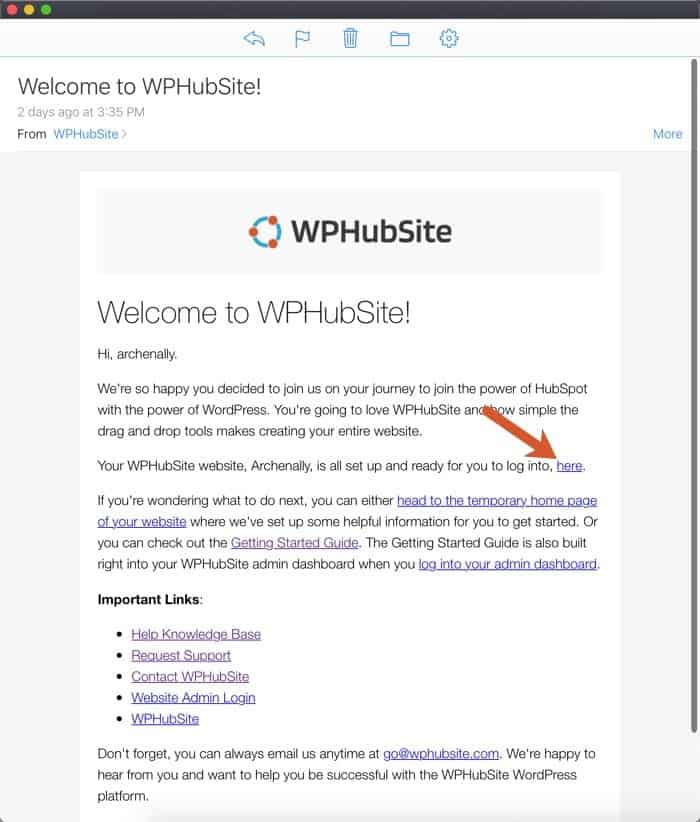 WPHubSite sign up welcome email with sign in link pointed out.
