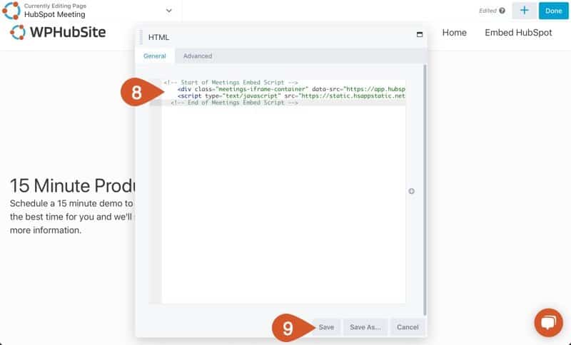 Paste the HubSpot Meeting embed code into the HTML box and save it.