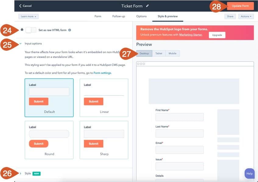 Configure the style and preview your HubSpot support form.