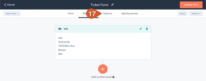 Click the Options tab to edit HubSpot support form options.