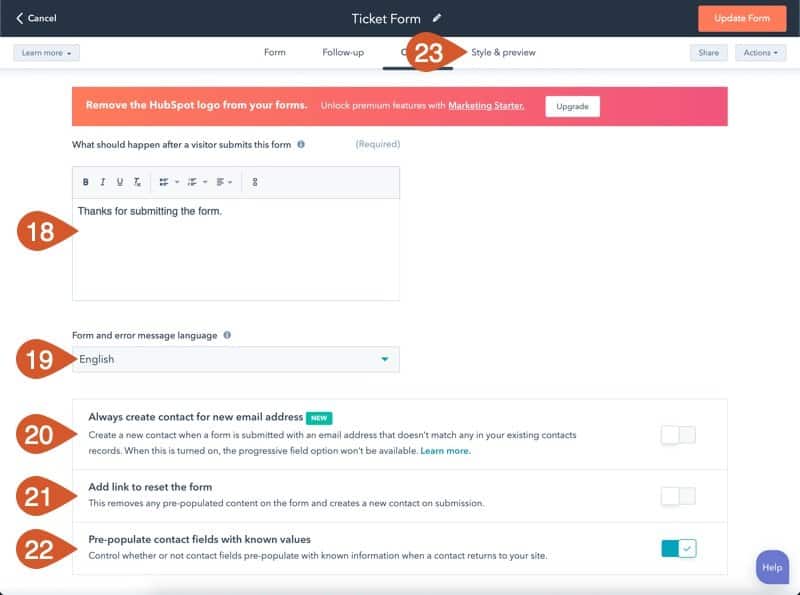 Edit the options for your HubSpot support form.