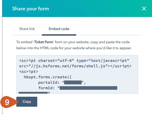 Click the Copy button to copy the HubSpot support form embed code.