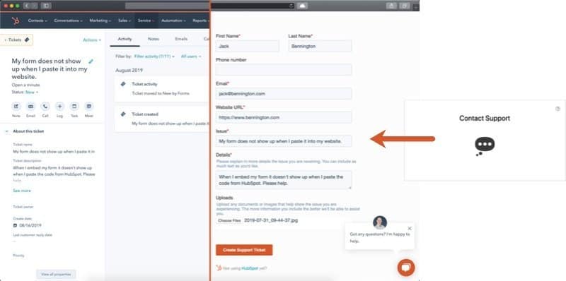 Embedded HubSpot ticket form and created ticket in HubSpot.