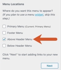 Assign a menu to an above or below header section if you chose a menu.