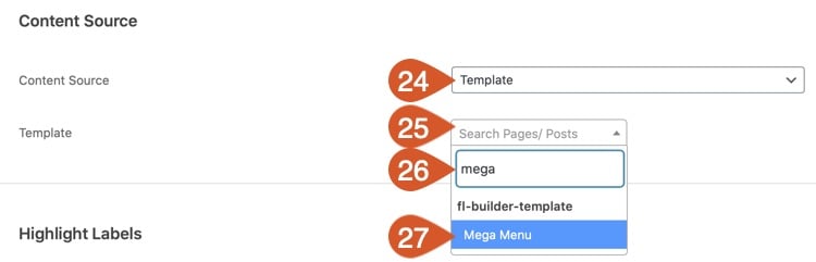 Select the mega menu saved row you created in Site Builder.