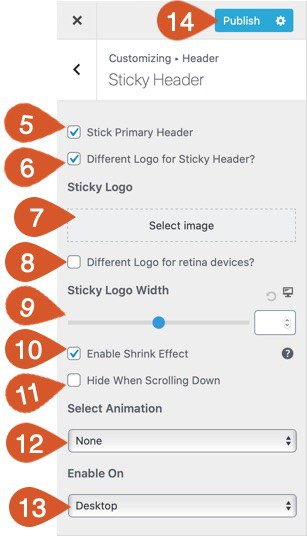 Customize the sticky header options.