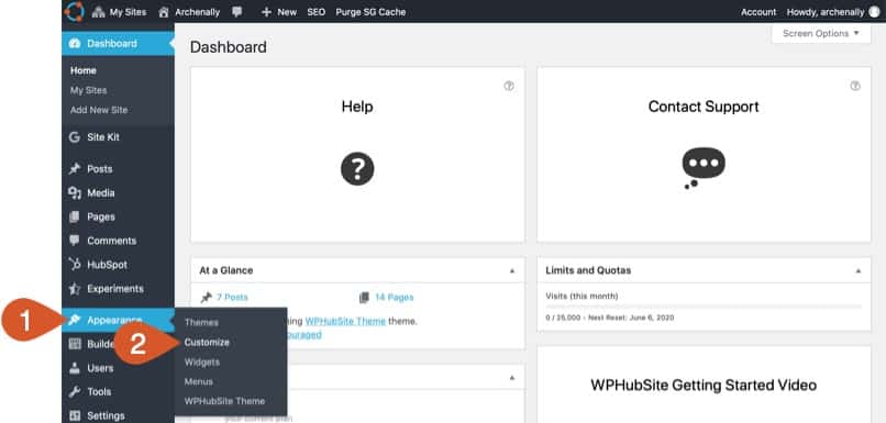 Access the WPHubSite WordPress dashboard customizer.