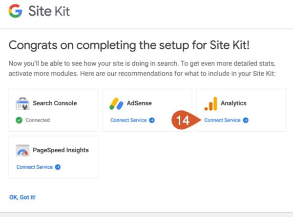 Google Site Kit setup Google Analytics.