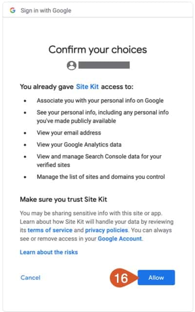 Google account grant access to Site Kit.