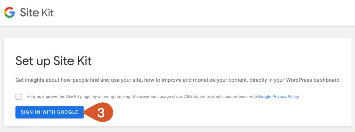Sign in with Google to start the Google Site Kit setup process.