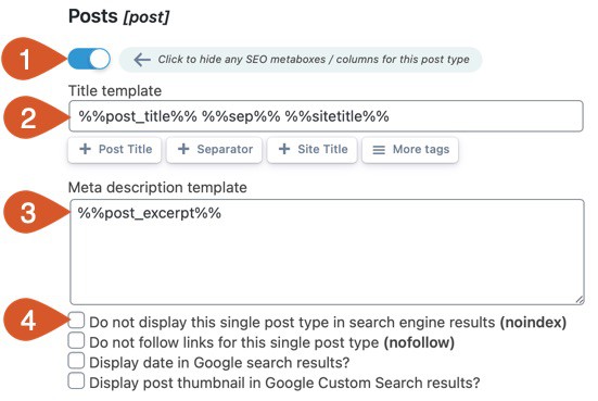 Single post type title and meta description template and settings.